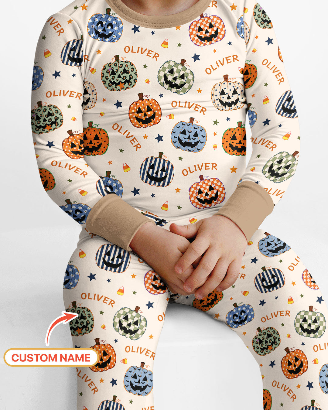 Custom Name Colorful Jack O Lantern Bamboo Two Piece Long Sleeve Pajama Set