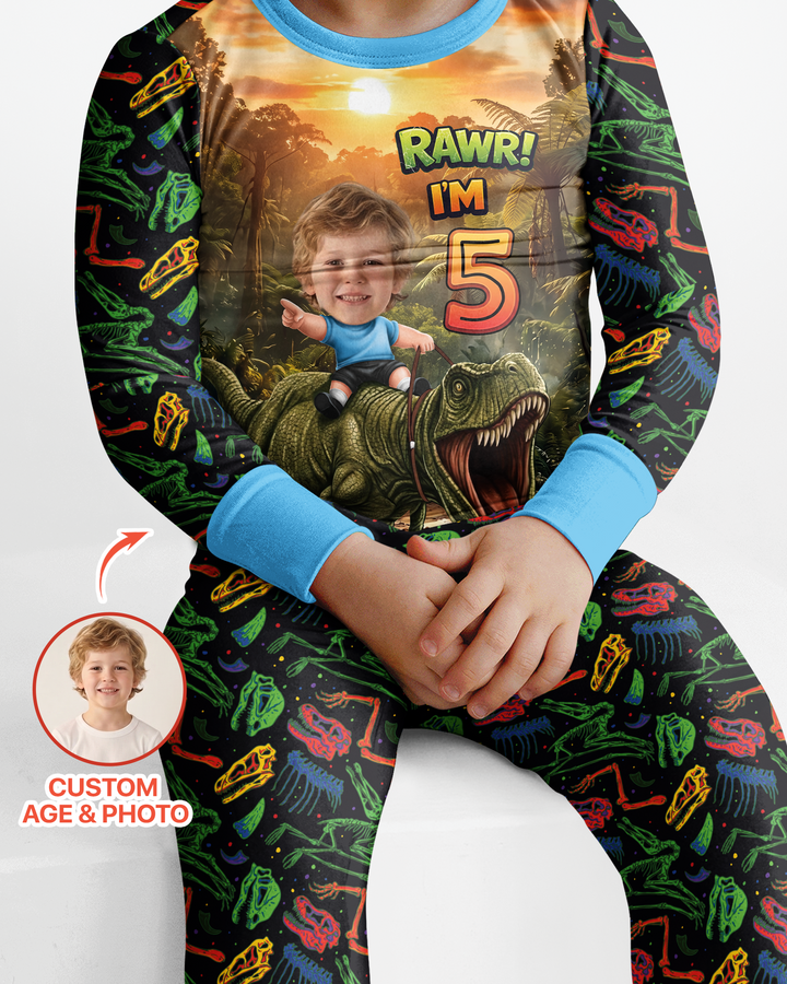 Custom Photo Dino Rawr Birthday Bamboo Two Piece Long Sleeve Pajama Set