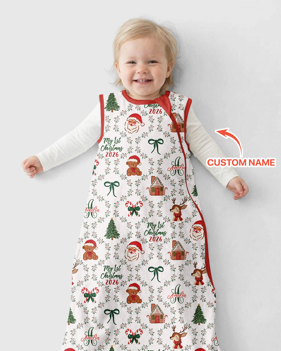 Custom name "Fancy Monogram Red Christmas 2026" Bamboo Sleep Bag