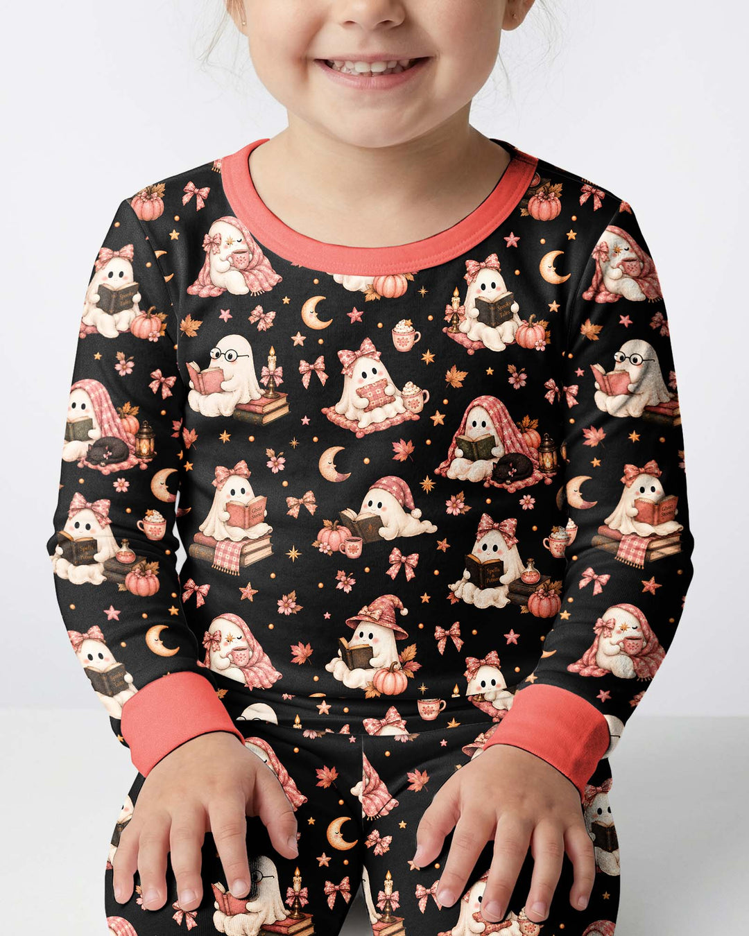 Coquette Bookish Ghost Halloween Bamboo Two Piece Long Sleeve Pajama Set