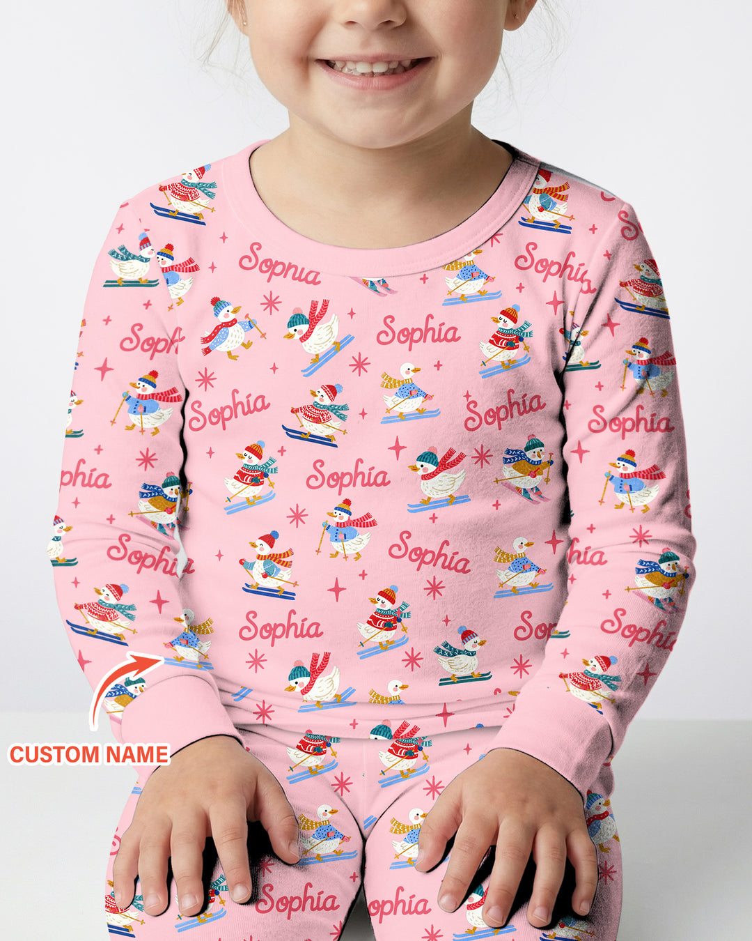 Custom Name Skiing Goose Bamboo Two Piece Long Sleeve Pajama Set