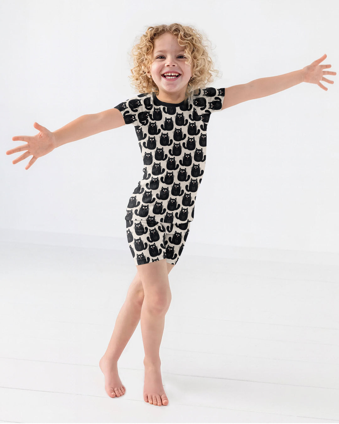 Moody Black Cats in Black and White Bamboo Two Piece Short Sleeve Shorts Pajama Set