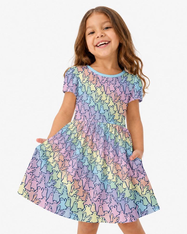 Pastel Rainbow Ghost Halloween Bamboo Twirl Dress