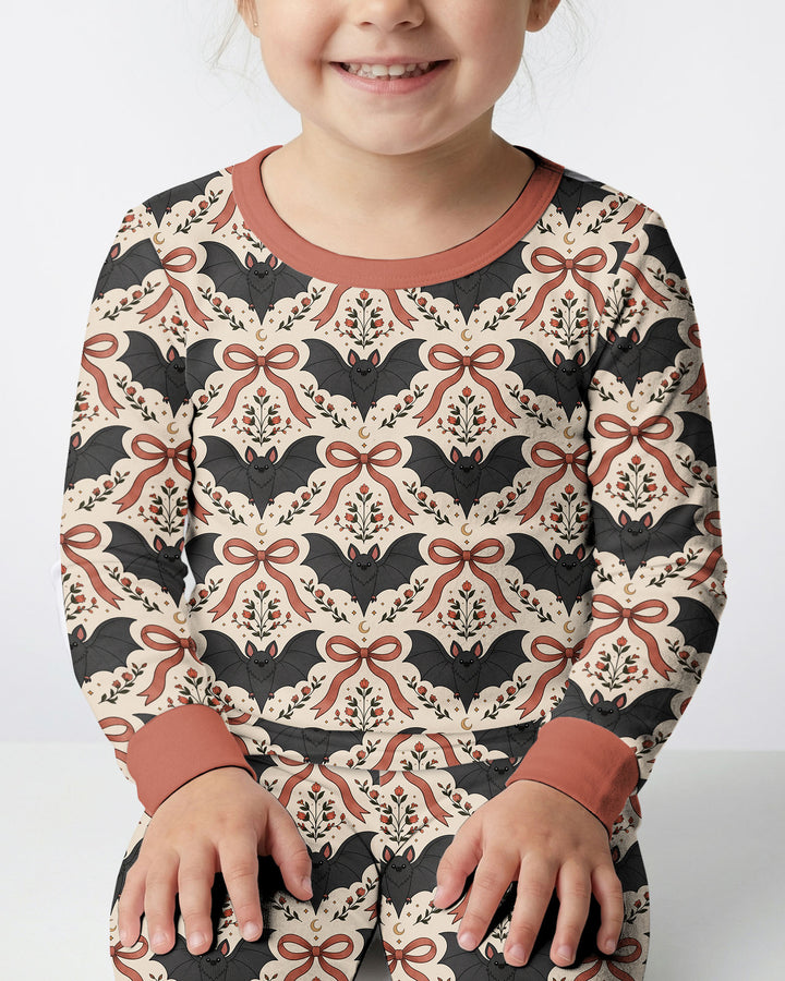 Gothic Bow Floral Bat Vintage Halloween Bamboo Two Piece Long Sleeve Pajama Set