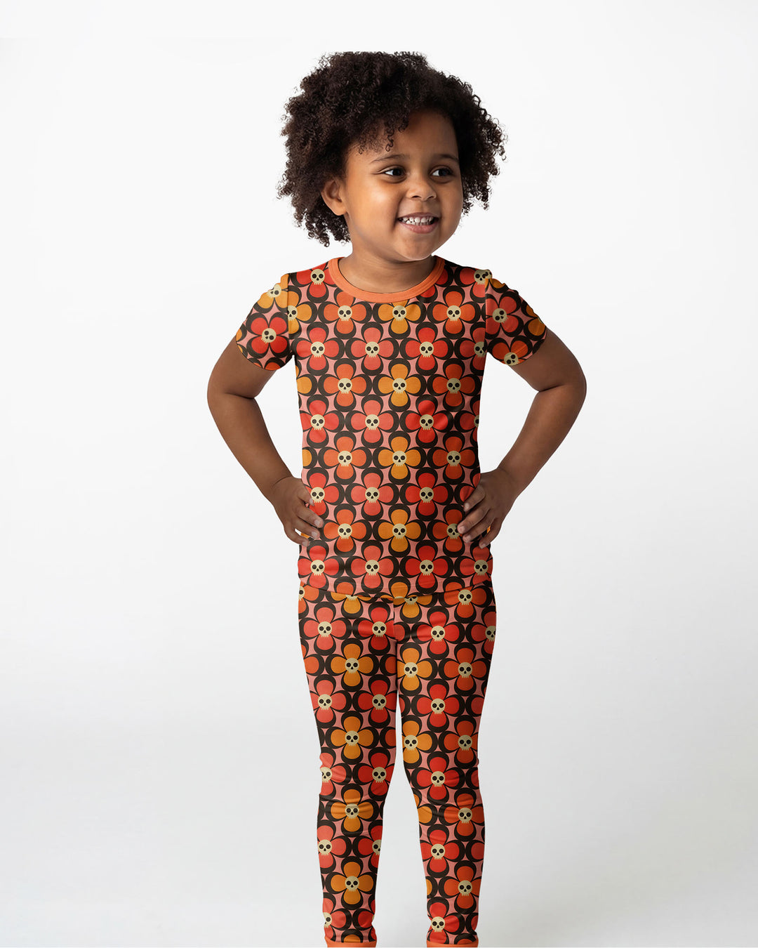 Retro Skull Flower Halloween Bamboo Two Piece Short Sleeve Pajama Set