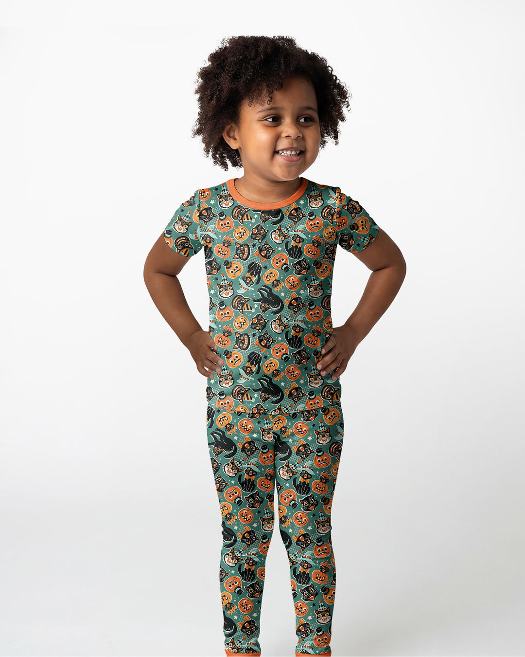 Retro Black Cat Witch Pumpkin Halloween Bamboo Two Piece Short Sleeve Pajama Set
