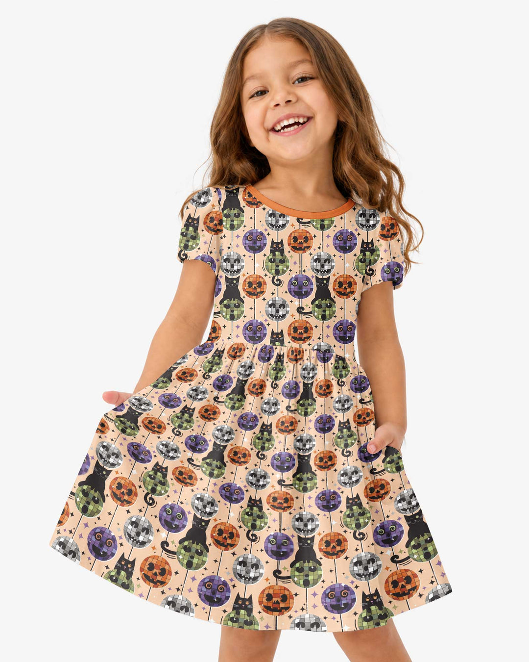 Groovy Halloween Disco Cat Bamboo Twirl Dress