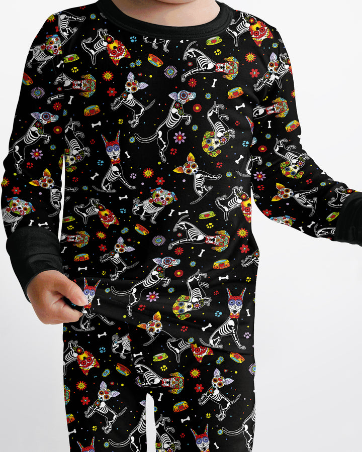 Sugar Skull Día de los Muertos Halloween Dog Mexican Bamboo Two Piece Long Sleeve Pajama Set