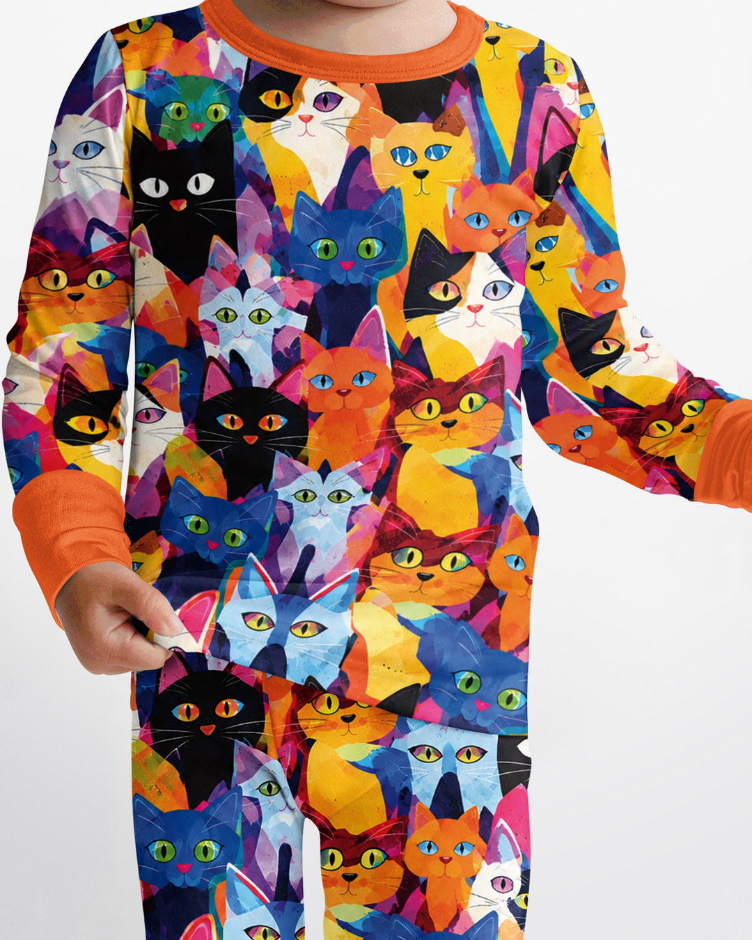 Cartoon Abstract Kitten Pattern Bamboo Two Piece Long Sleeve Pajama Set