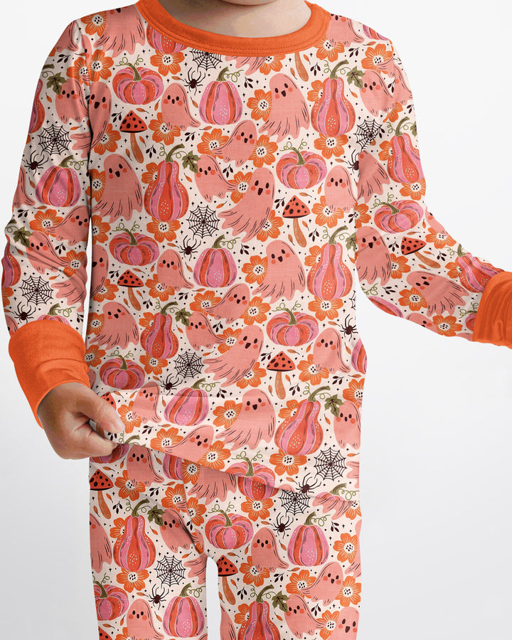 Pink Ghost Pumpkin Fall Floral Halloween Bamboo Two Piece Long Sleeve Pajama Set