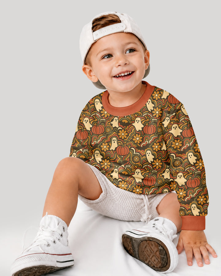 Retro Halloween Ghost Pumpkin Floral Bamboo Crewneck Sweatshirt