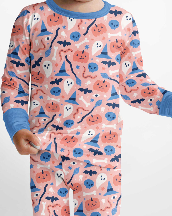 Pastel Pumpkins Skulls And Witch Craft Bamboo Two Piece Long Sleeve Pajama Set