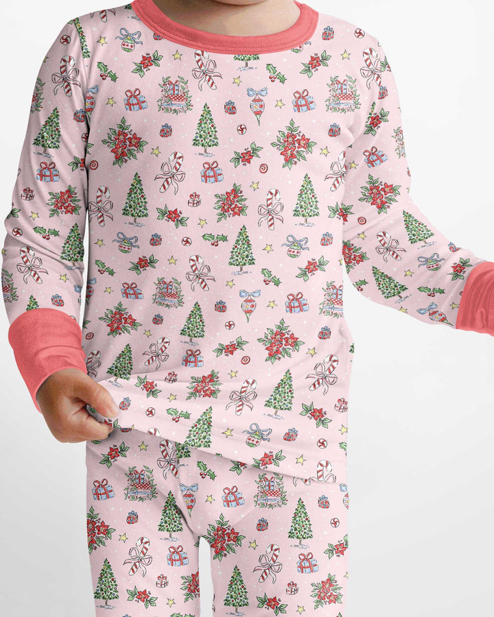 Watercolor Pink Christmas Holidays Christmas Tree Gifts Candy Cane Bamboo Two Piece Long Sleeve Pajama Set