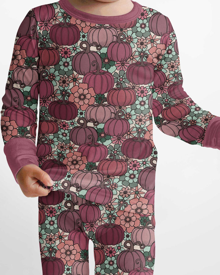 Retro Floral Pumpkin Patch Bamboo Two Piece Long Sleeve Pajama Set