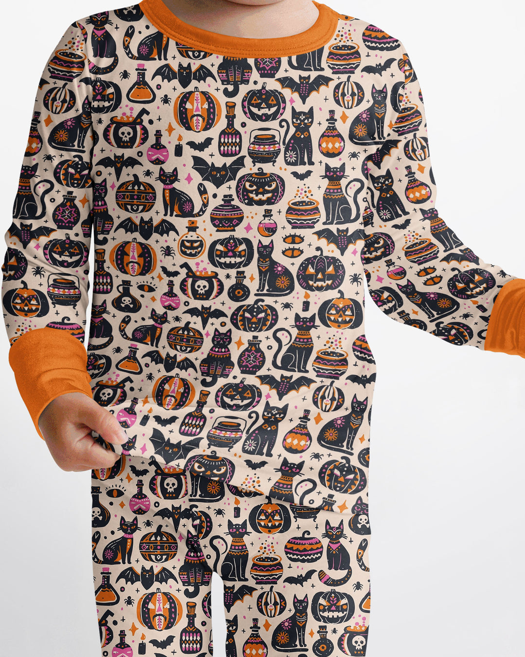 Whimsical Tribal Retro Halloween Black Cats Pumpkins Bamboo Two Piece Long Sleeve Pajama Set
