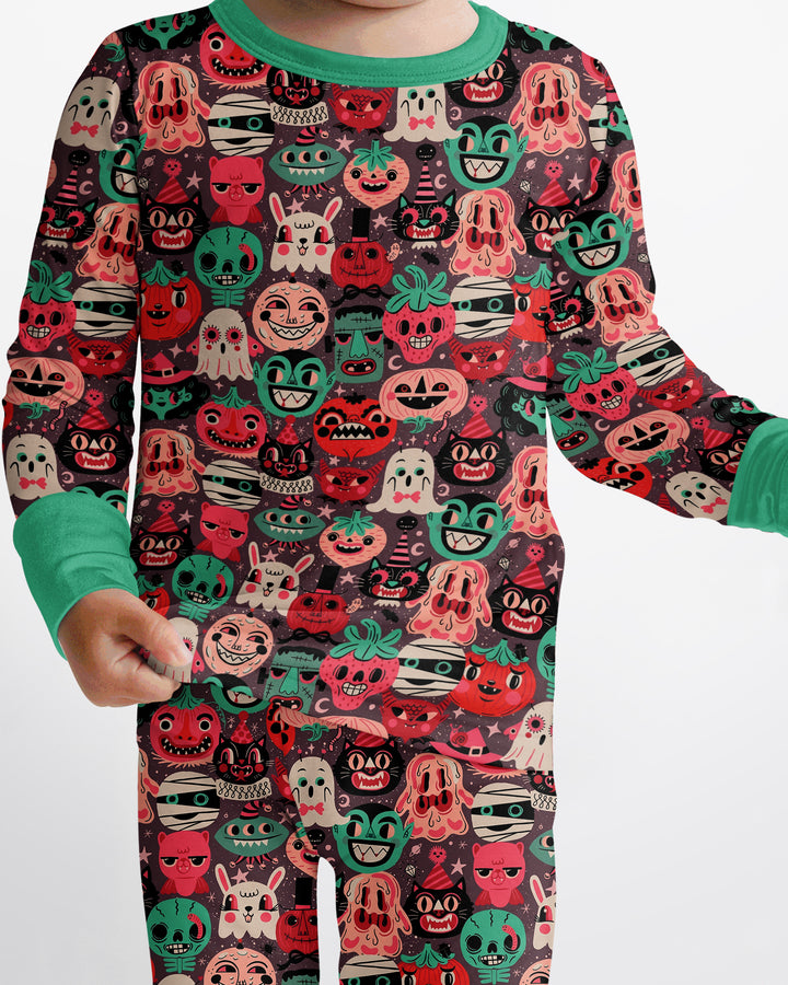 Retro Halloween Monsters Ghost Pumpkin Mummy Bamboo Two Piece Long Sleeve Pajama Set