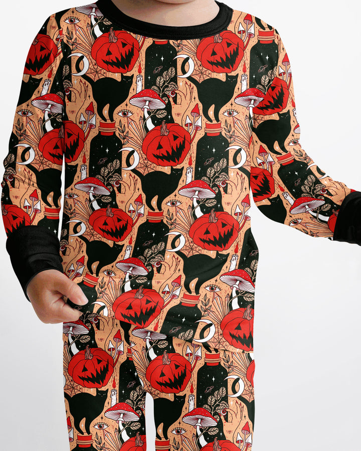Black Cat And Pumpkin Halloween Bamboo Two Piece Long Sleeve Pajama Set