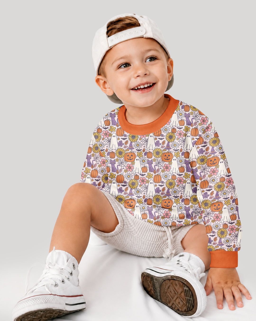 Ghost Pumpkin Fall Floral Halloween Bamboo Crewneck Sweatshirt