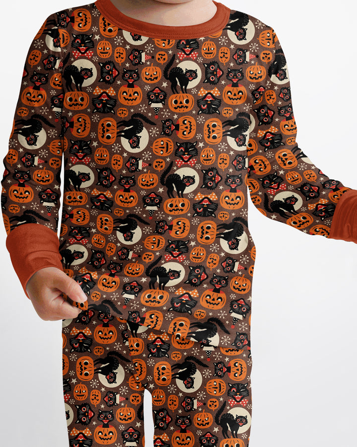 Vintage Halloween Black Cat Pumpkin Bamboo Two Piece Long Sleeve Pajama Set