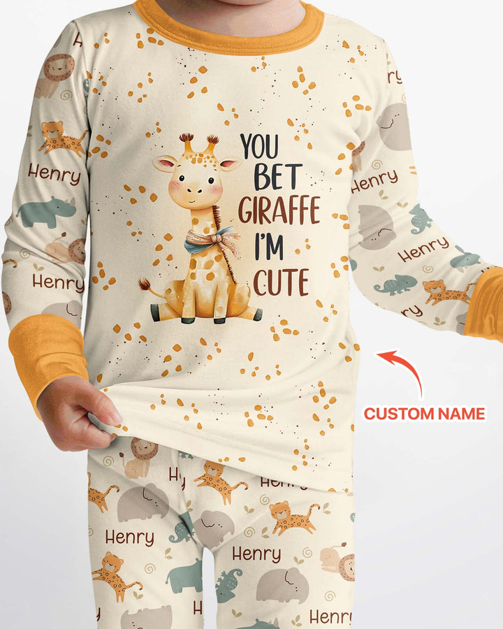 You Bet Giraffe I'm Cute Custom Name Bamboo Two Piece Long Sleeve Pajama Set