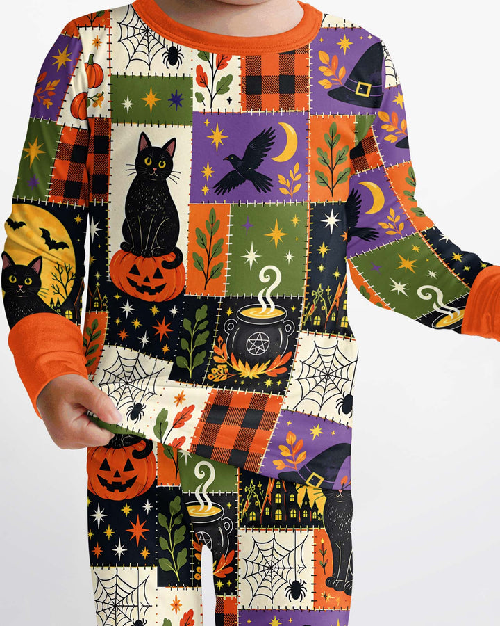 Halloween Black Cat Patchwork Bamboo Two Piece Long Sleeve Pajama Set