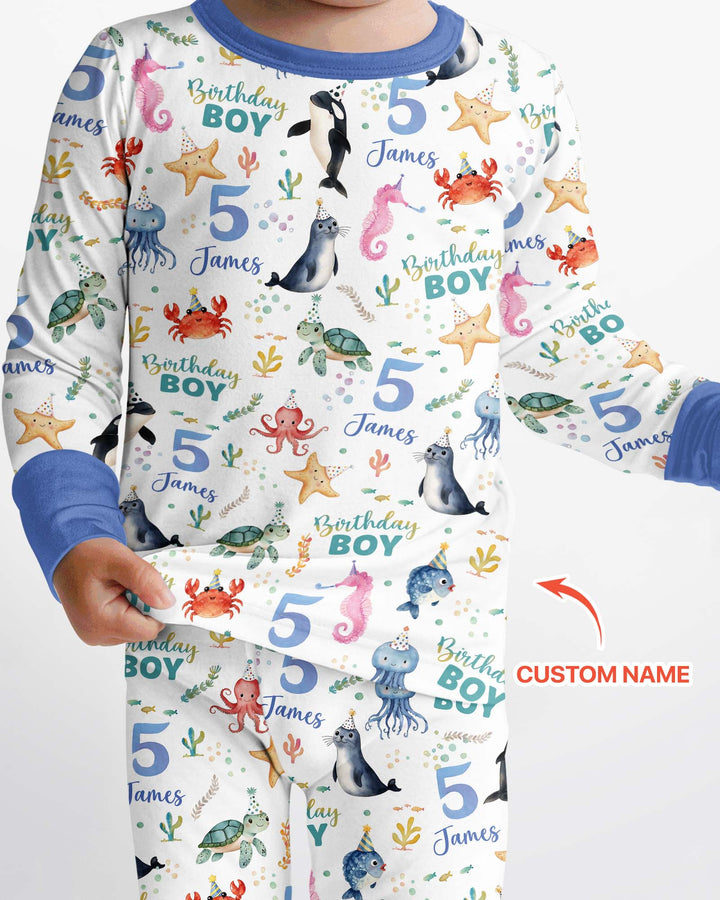Birthday Under The Sea Custom Name & Age Bamboo Two Piece Long Sleeve Pajama Set