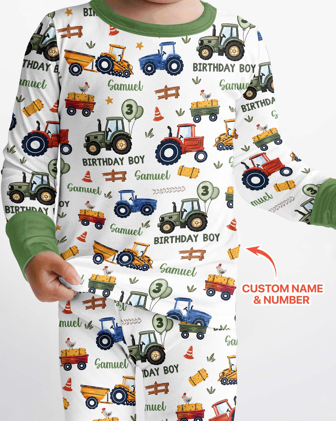 Custom Name and Age Tractor Birthday Boy Bamboo Two Piece Long Sleeve Pajama Set