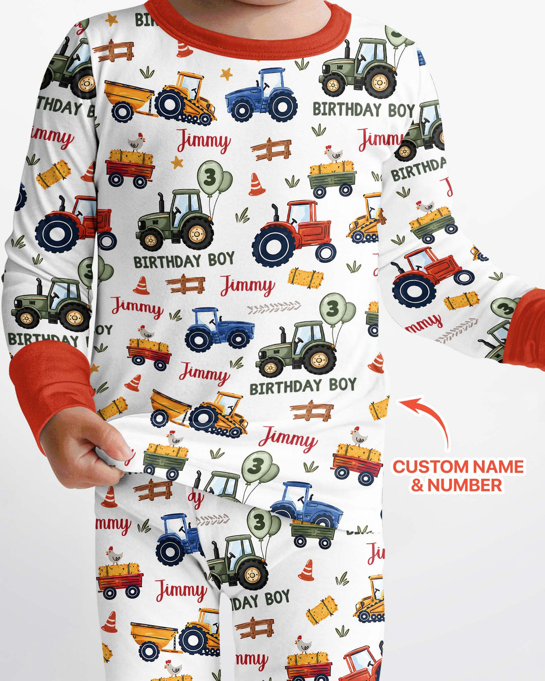 Custom Name and Age Tractor Birthday Boy Bamboo Two Piece Long Sleeve Pajama Set
