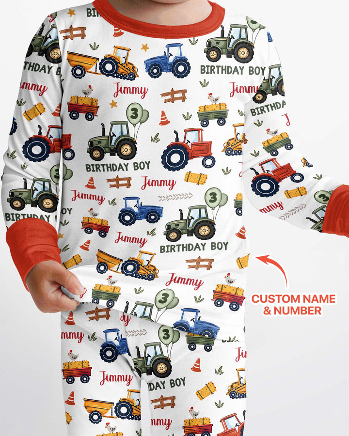Custom Name and Age Tractor Birthday Boy Bamboo Two Piece Long Sleeve Pajama Set