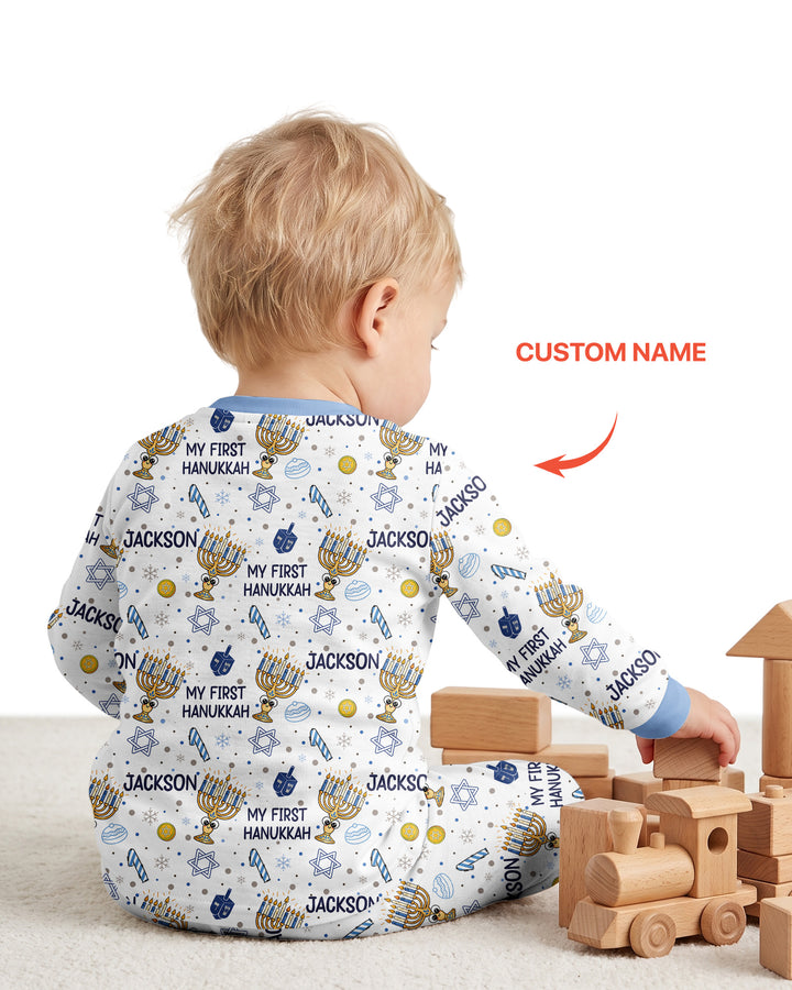 Custom Name Doodle Dreidel First Hanukkah Bamboo Two Piece Long Sleeve Pajama Set