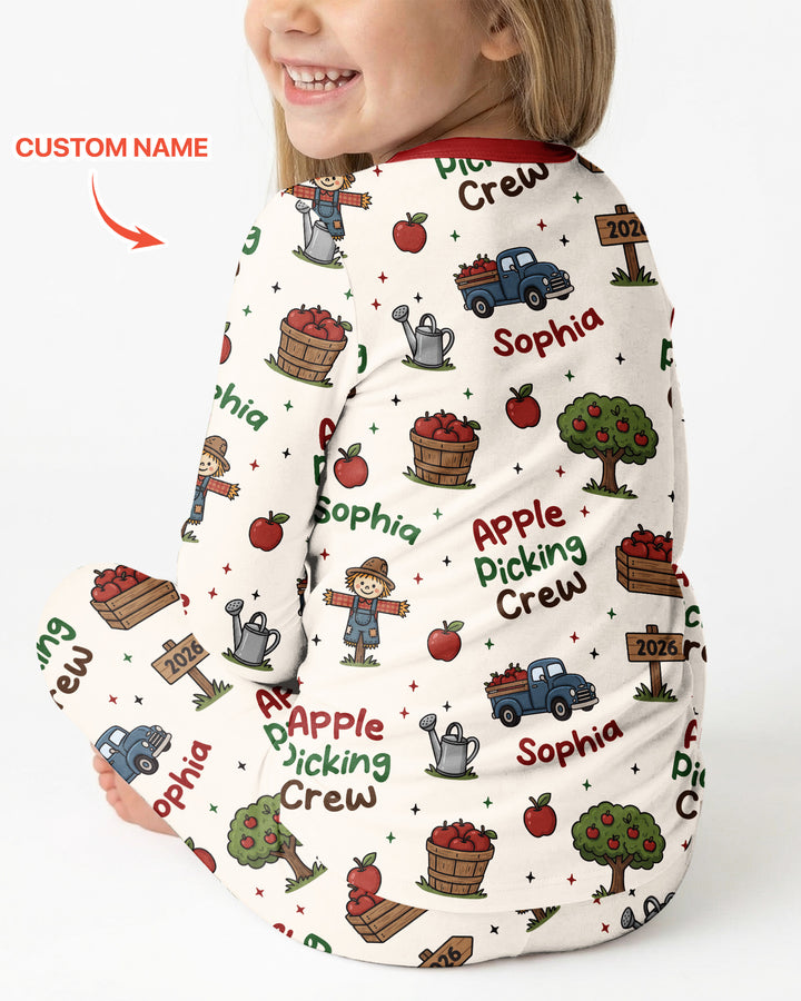 Custom Name Apple Picking Crew Bamboo Two Piece Long Sleeve Pajama Set