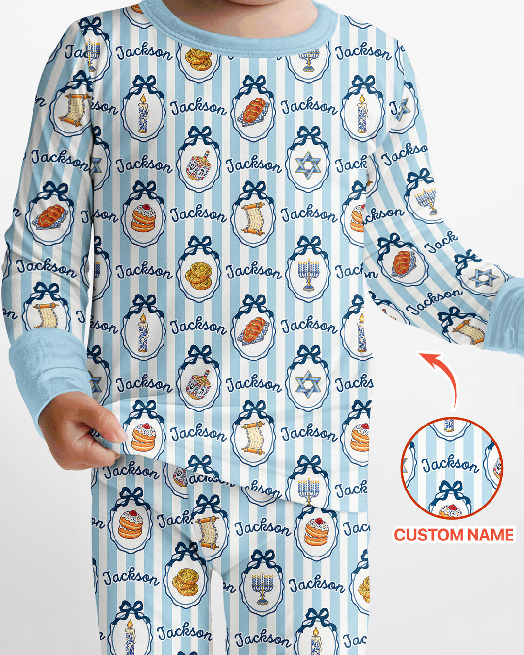 Custom Name Hanukkah Striped Bamboo Two Piece Long Sleeve Pajama Set