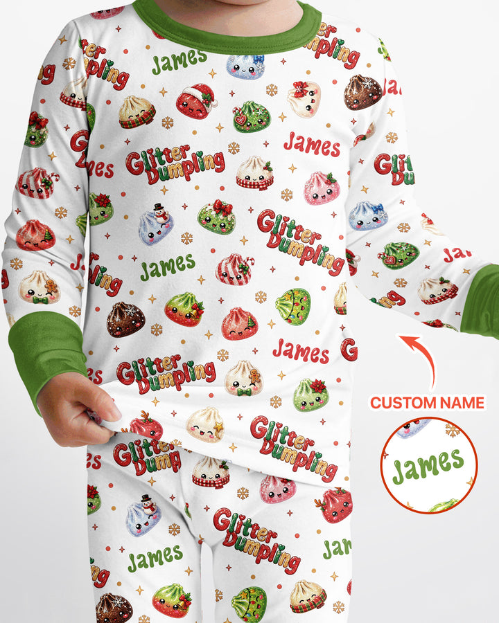 Custom Name Glitter Christmas Dumpling  Bamboo Two Piece Long Sleeve Pajama Set