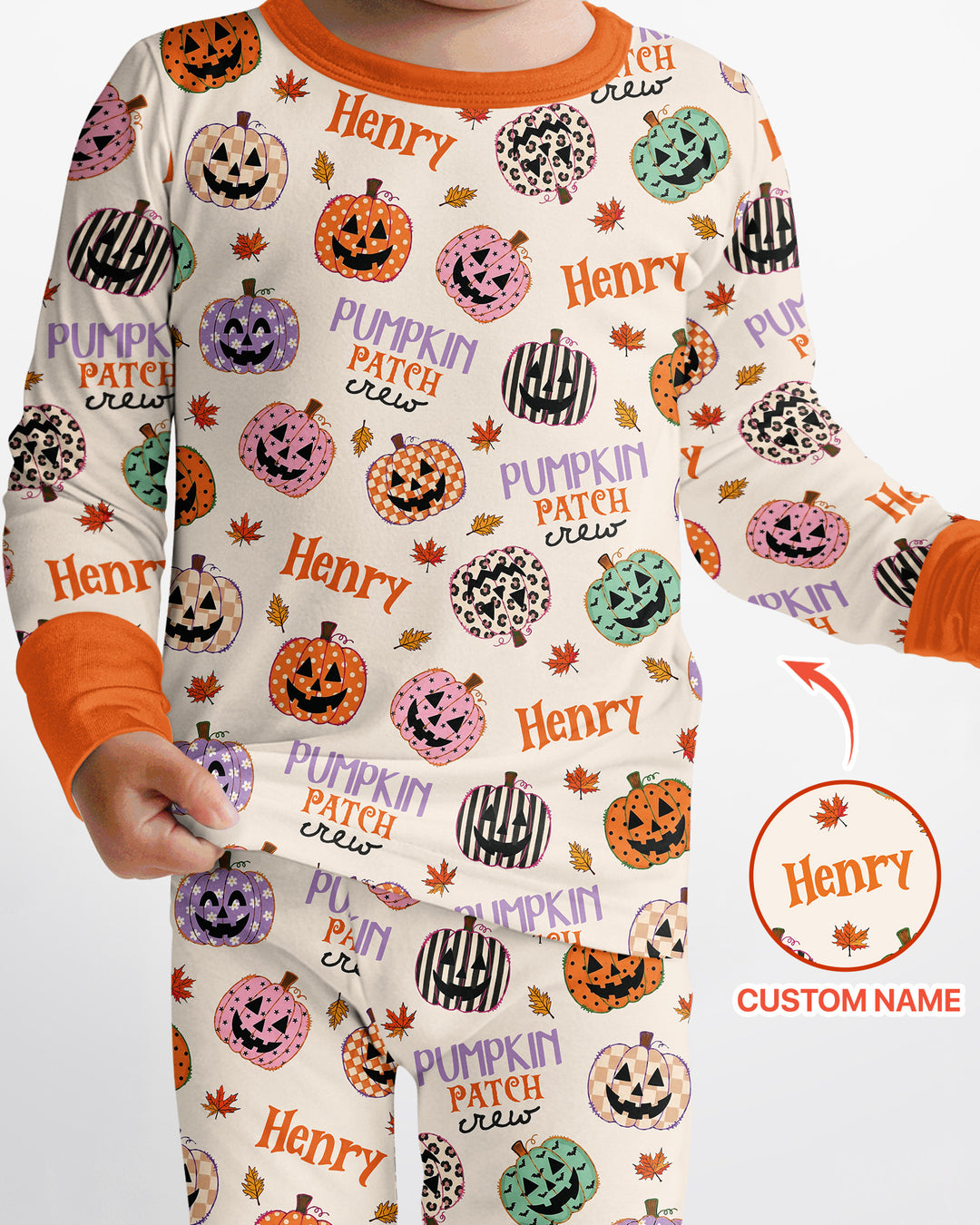 Custom Name Pumpkin Patch Crew Bamboo Two Piece Long Sleeve Pajama Set