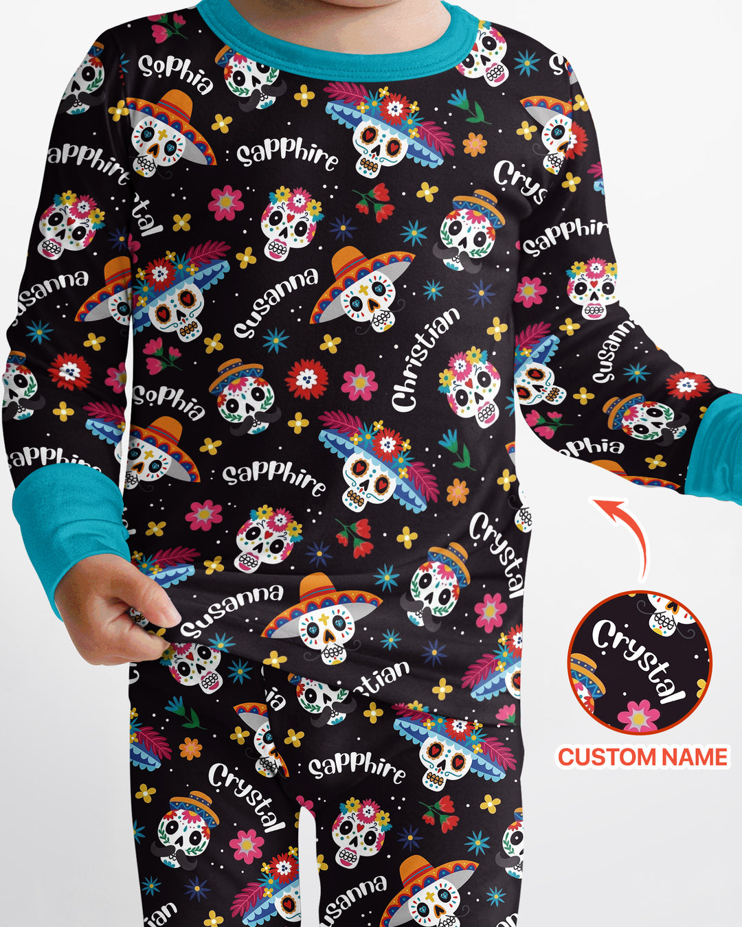 Custom Name Dia De Los Muertos Bamboo Two Piece Long Sleeve Pajama Set