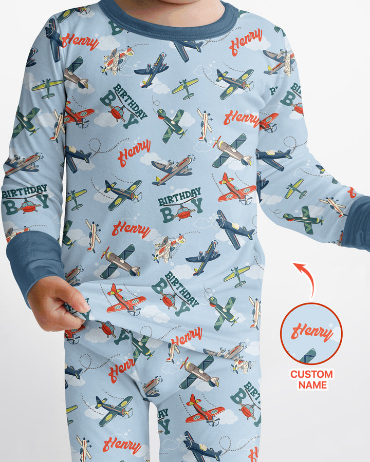 Personalized Airplane Birthday Boy Bamboo Two Piece Long Sleeve Pajama Set