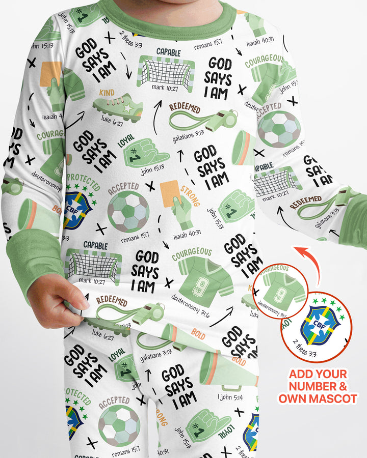 Personalized God Says I Am SOCCER Bamboo Two Piece Long Sleeve Pajama Set