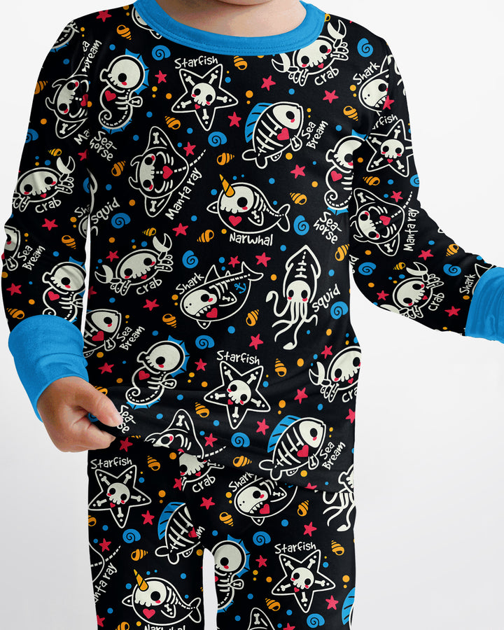Kawaii Skeleton Ocean Animals Bamboo Two Piece Long Sleeve Pajama Set