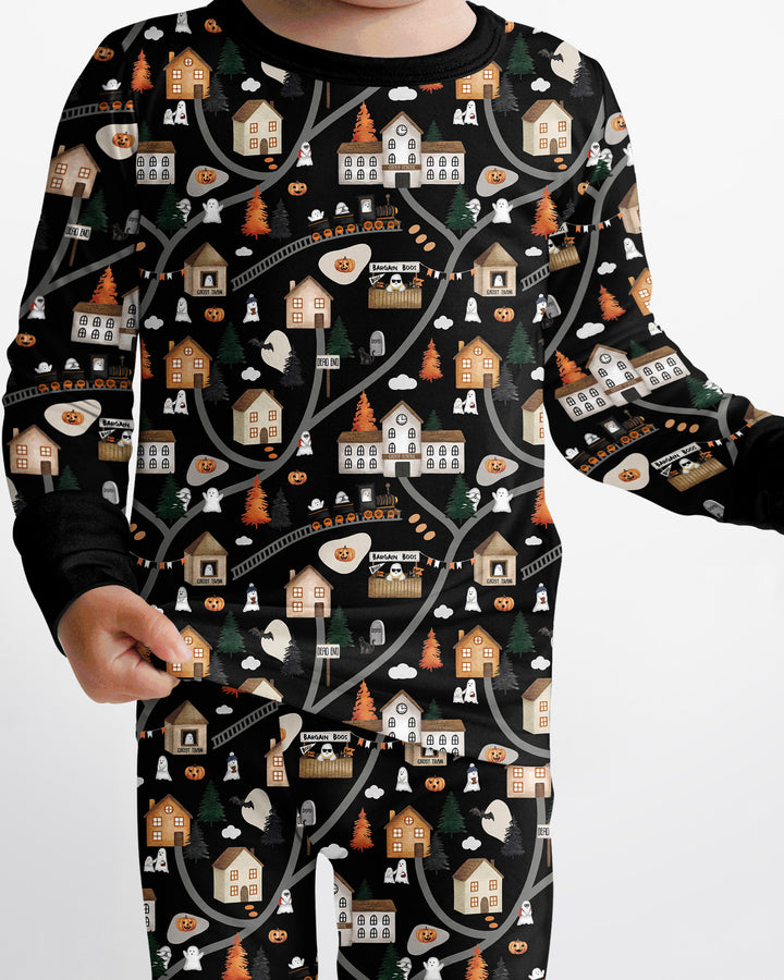 Haunted Halloween Town Map Bamboo Two Piece Long Sleeve Pajama Set