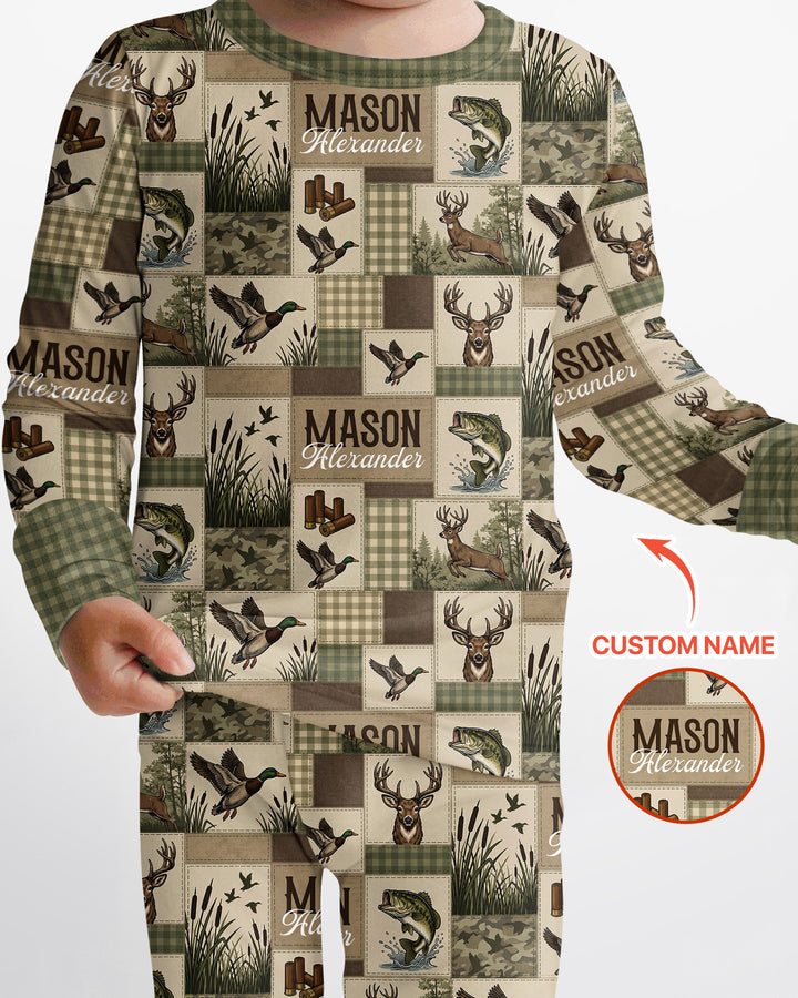 Personalized Hunting Patchwork Bamboo Two Piece Long Sleeve Pajama Set