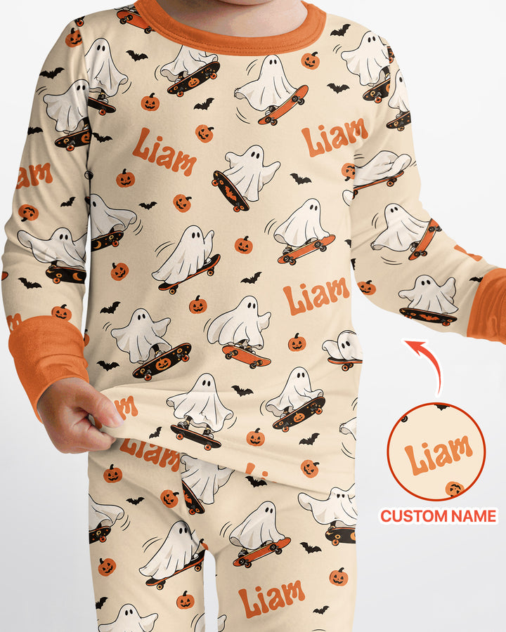 Skateboarding Ghost Halloween Bamboo Two Piece Long Sleeve Pajama Set