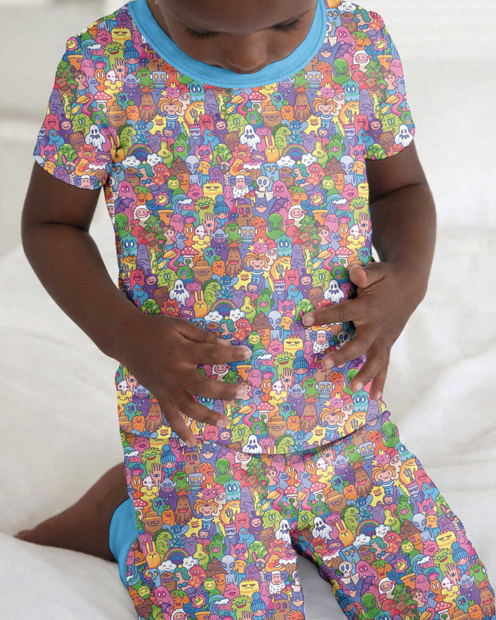 Doodle Characters Pastel Bamboo Two Piece Short Sleeve Pajama Set