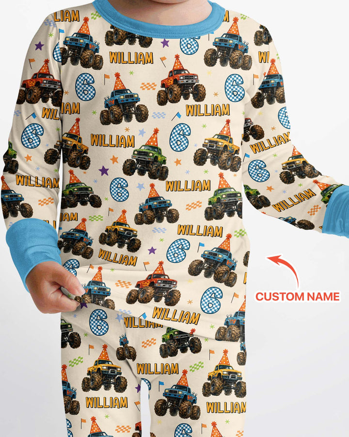 Custom Name Birthday Boy Monster Truck Bamboo Two Piece Long Sleeve Pajama Set