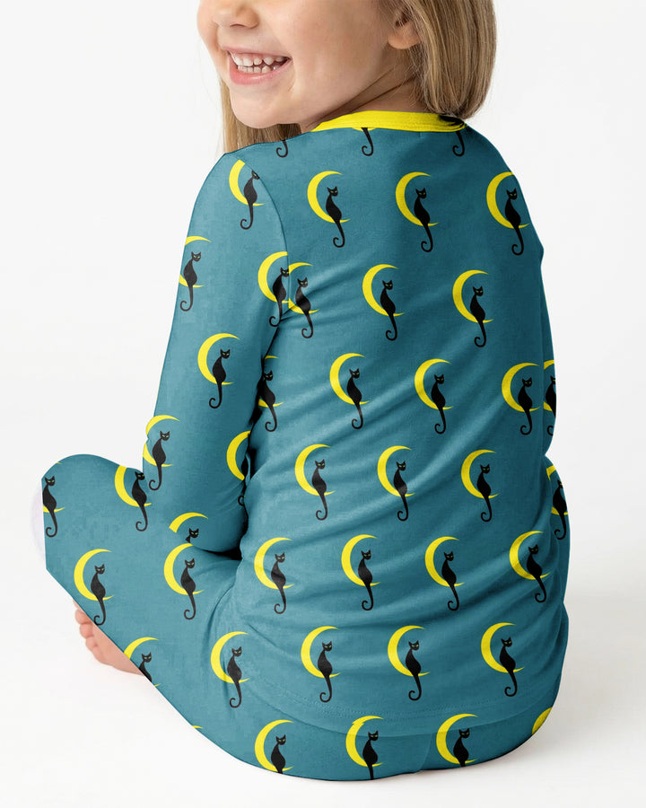 Black Cat Crescent Moon Celestial Night Bamboo Two Piece Long Sleeve Pajama Set