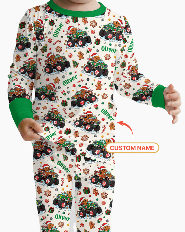Custom Name Monster Truck Gingerbread Bamboo Two Piece Long Sleeve Pajama Set