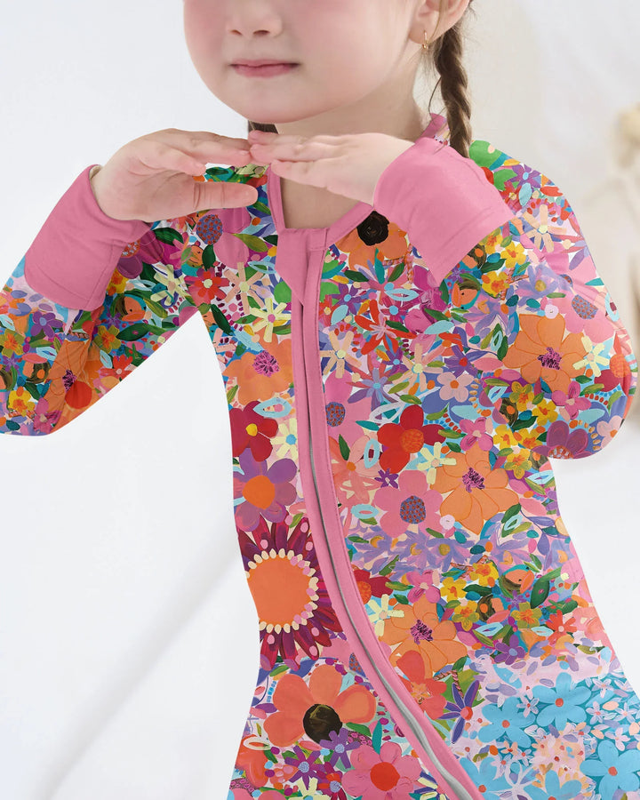 Regenbogenblüten Bambus Strampler mit Reißverschluss und Fußteilen