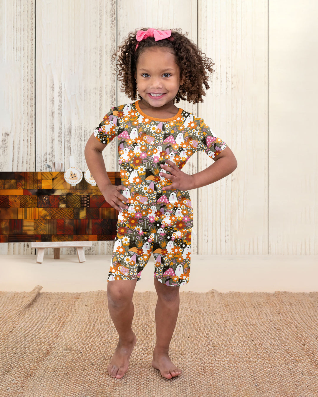 Retro Ghost Mushroom Floral Halloween Bamboo Two Piece Short Sleeve Shorts Pajama Set
