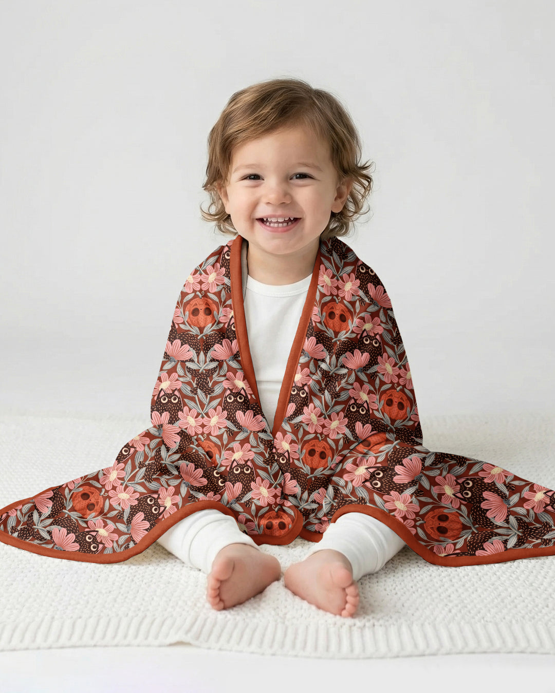 Spooky Owl Pumpkin Folk Floral Halloween Bamboo Blanket
