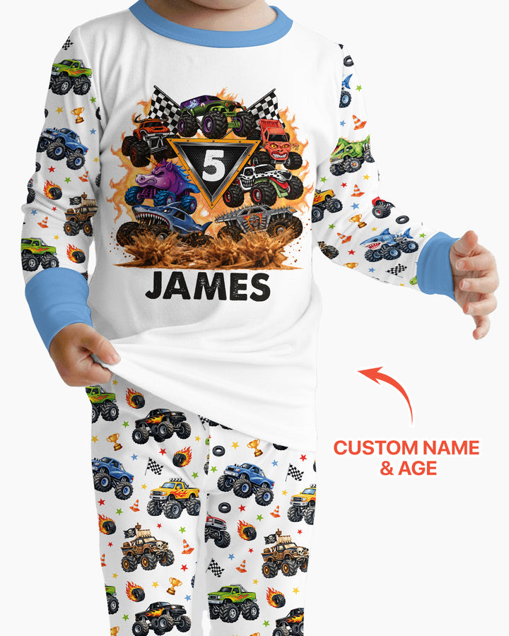 Personalized Monster Trucks Birthday Boy Bamboo Two Piece Long Sleeve Pajama Set