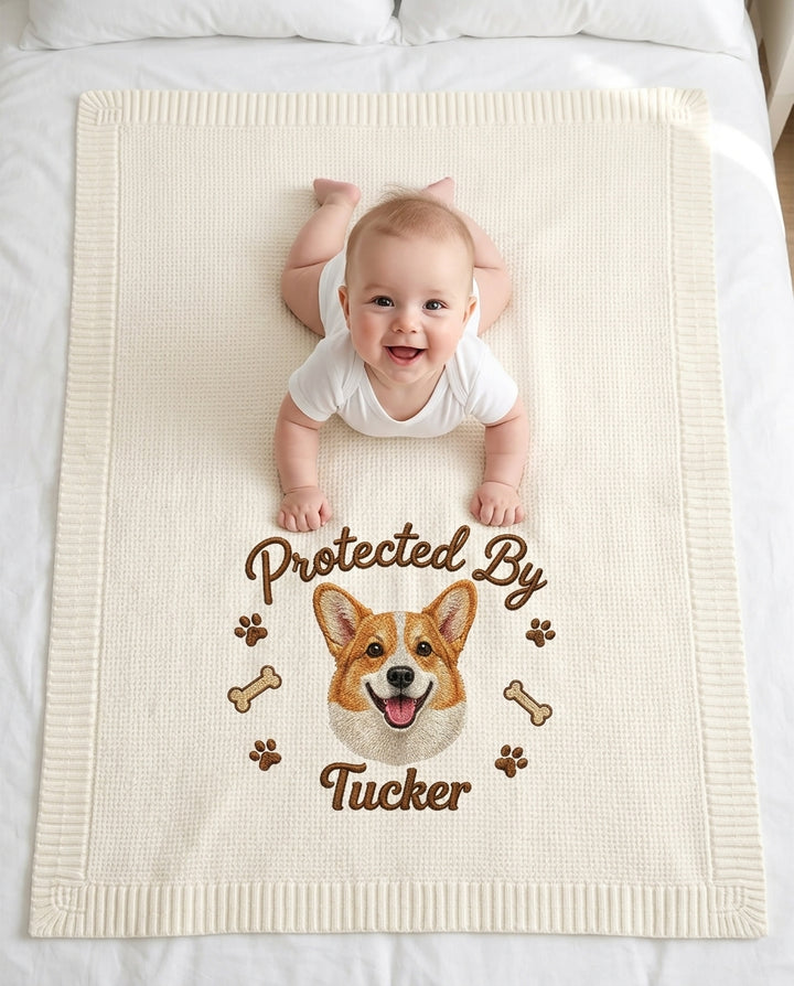 Protected By Dog Embroidered Baby Cotton Blanket